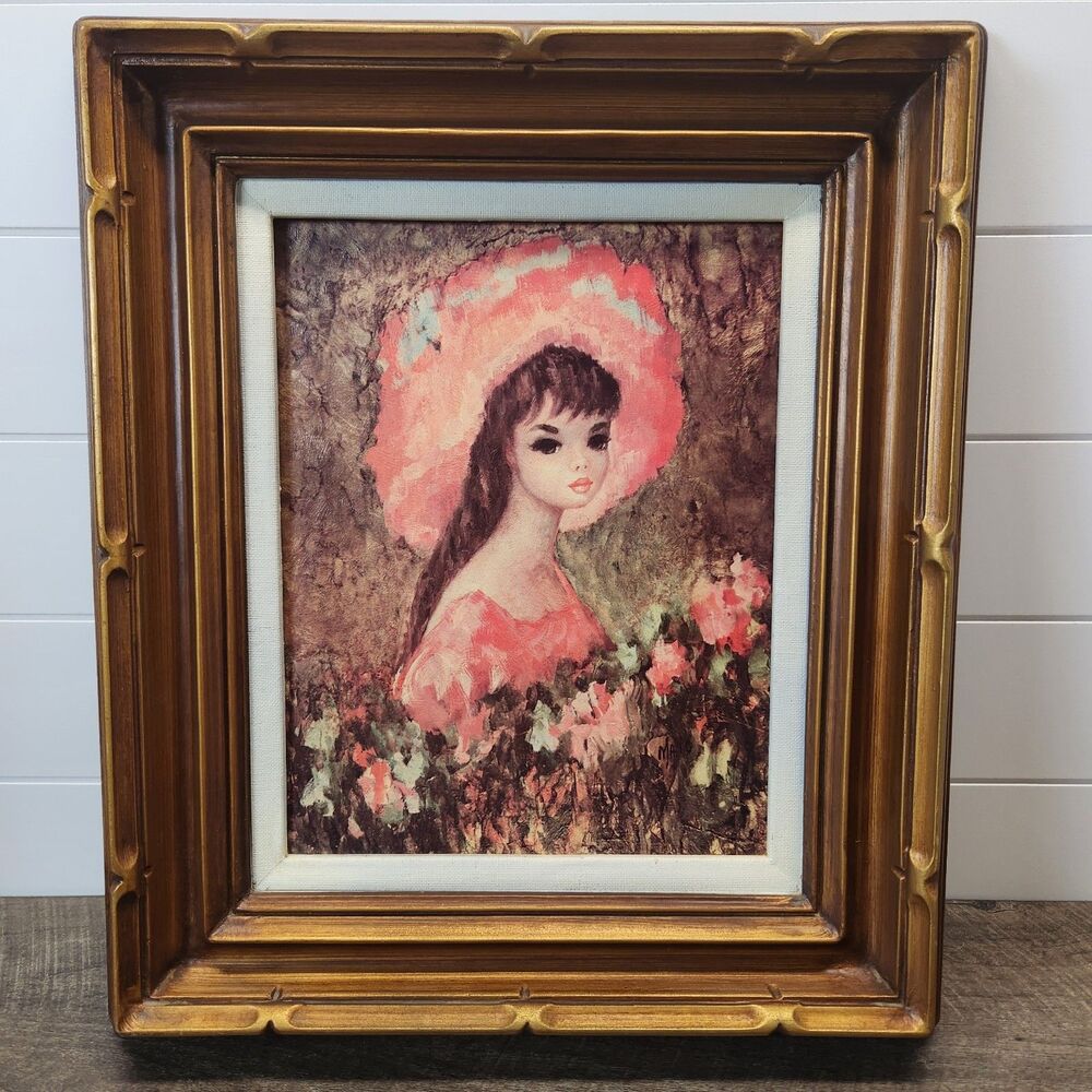 Vintage Maio Sun Bonnet Sue Big Eye Girl Framed Lithograph Print Floral 10x13